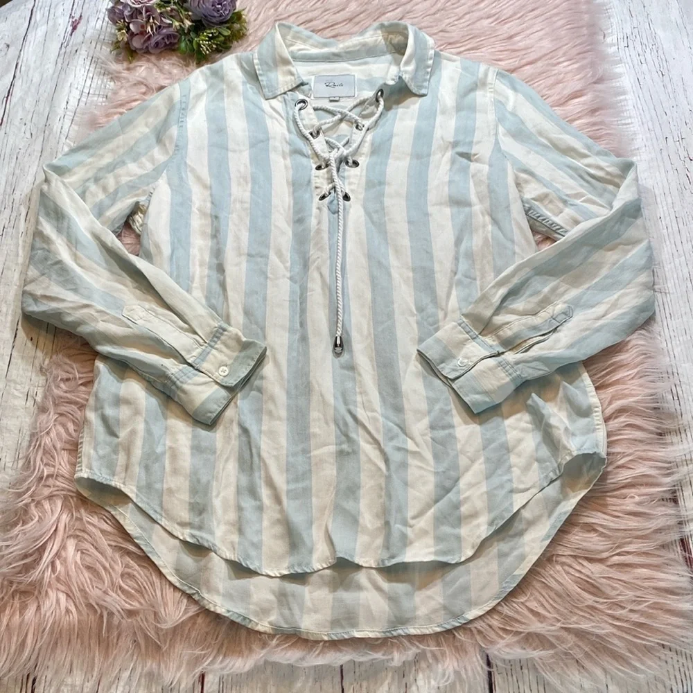 Rails Utility Blue White Tie Front Stripe Blouse sz S - Picture 2 of 9